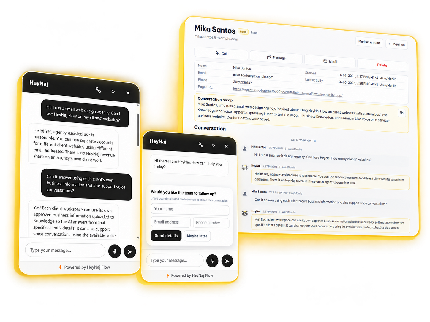 HeyNaj Flow website conversation, Soft Capture contact request, and Inquiry detail