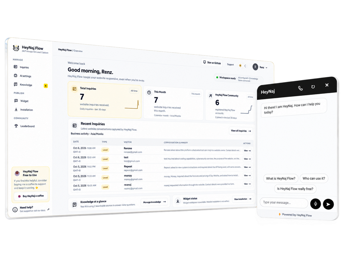 HeyNaj Flow workspace dashboard and website widget