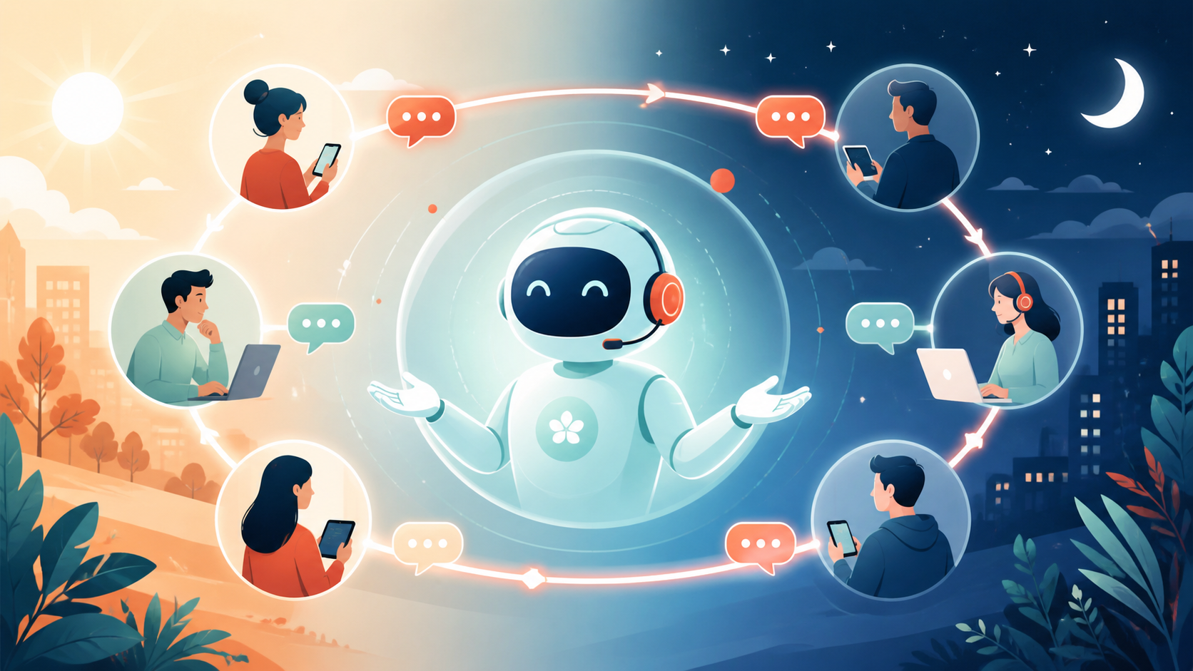 HeyNaj Flow website assistant illustration for The Power of 24/7 Chatbot Support: Uninterrupted Service for a Connected World