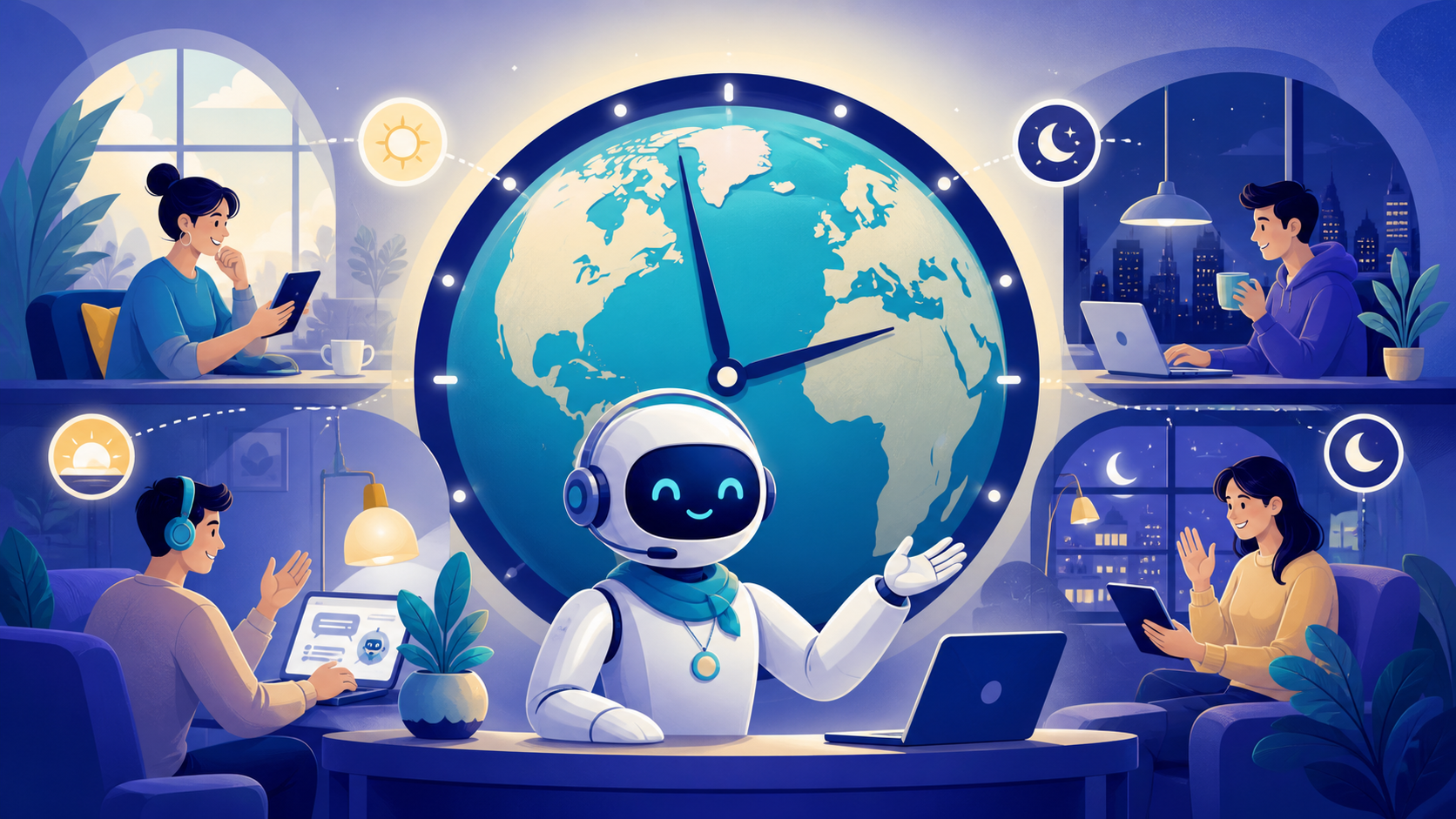 HeyNaj Flow website assistant illustration for The Ultimate Guide to 24/7 Chatbot Support: Meet Customer Expectations Around the Clock